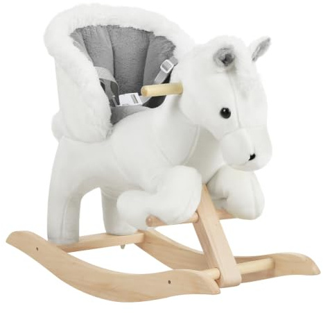 WOLTU Caballito Balancín para Bebés Caballo Mecedora de Madera con Sonidos Caballito Juguete Infantil para Niños de 18 a 36 Meses Caballo Juguete Peluche con Asas, Blanco y Gris