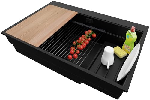 PRIMAGRAN Evier Cuisine en Granit au Meuble 80cm + Kit de Vidage, 78x53cm | Set: Kit de Vidage (Siphon, bonde d’évacuation, trop-plein) + Lavabo 1 Bac - Oslo, Tout Noir