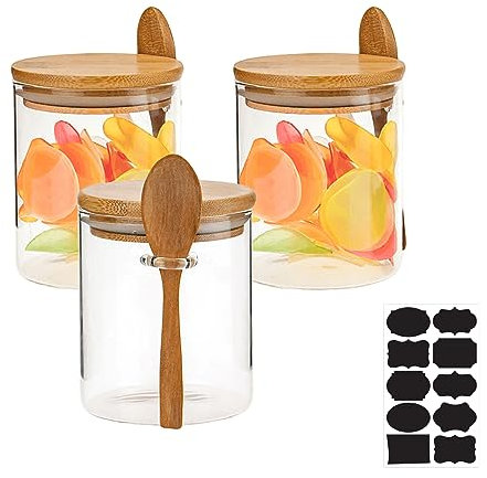 3 contenitori in vetro con coperchio, 530 ml, barattoli ermetici per spezie, caffè, zucchero, con cucchiaio