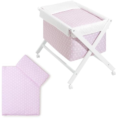 Danielstore Minicuna Plegable | 90x55x72 cm, Madera lacada, colchón Incluido | Ruedas con Freno, Textil algodón, fácil Montaje | Confort y Seguridad para bebé(Estrella Rosa)