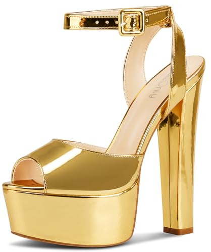 NobleOnly Femmes Haut High Bloc Chunky Plate-forme Talon Heel Ouvert Bout Lanières Cheville Sandales Danse Party Dress Slingback Chaussures 15 CM Heels Or Vernis 37 EU