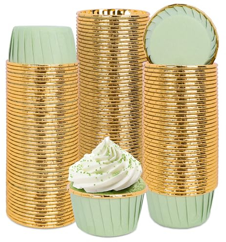 Whaline 100Pcs Sage Green Gold Foil Cupcake Liners Green Baking Cup Foil Metallic Muffin Liners Ramekin Aluminum Cupcake Tip Pan Ramekin Holders for Wedding Bridal Shower Birthday Party Supplies