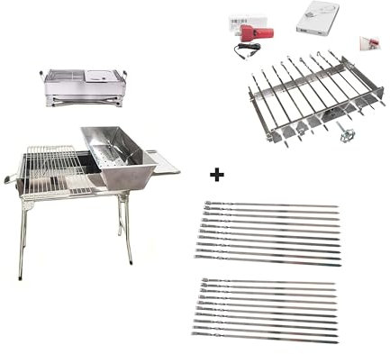 Barbecue au charbon de bois Mangal en acier inoxydable avec réservoir à charbon + tournebroche 9 + moteur + 20 brochettes (moteur 230 V)