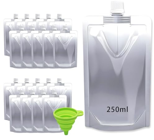 20 st 250 ml foliepåsar för festivaler, hemlig flaska med skruvlock, 100 °C värmebeständighet, -20 °C frysning, bra ljusundvikande fuktsäker och fräschör – camping och fest