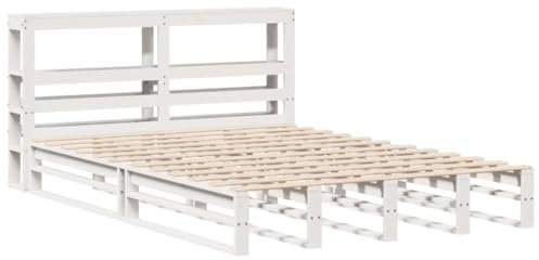 vidaXL Massivholzbett, Holzbett Bett mit Kopfteil, Bettgestell mit Lattenrost, Doppelbett Palettenbett für Schlafzimmer, Weiß 160x200cm Kiefer