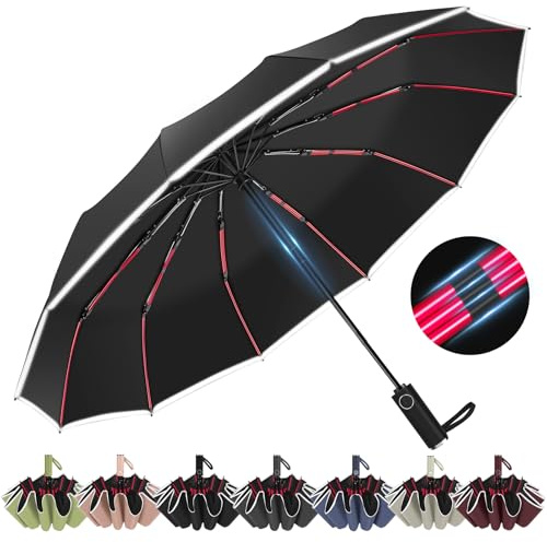 Regen- und sonnensicherer Faltschirm mit Reflektorstreifen, 12 rote Rippen (3 Rippen + 2 Rippen) Tragbarer, faltbarer Rucksack-Großschirm für Autos, kompakte Regenschirme für Männer und Frauen