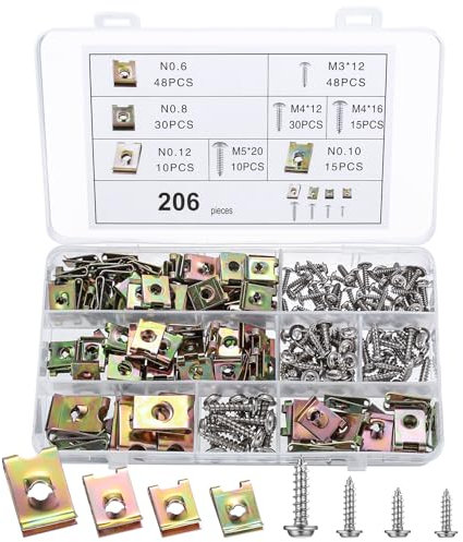 206 Pz Viti e Clips Auto, Kit Assortimento di Dadi a U Clip di Fissaggio per Auto, Bulloni Vite per Autoveicoli e Dado Clip Fissaggio Auto, U Clip Metalliche Auto per Carrozzeria Panel Modanature