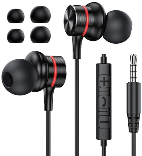 MOSWAG Earphones, 3.5mm Black Wired Earbuds with Microphone, In-Ear Noise Cancelling Headphones Compatible with Mobile Phones, Desktop PCs, Tablets, Laptops, MP3s, MP4s, 1 PACK