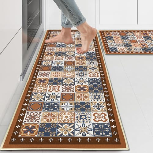PQCXXA Set di 2 tappeti da cucina Washable Rubber Backing, per cucina, lavanderia, soggiorno (A03, 43 x 150 cm + 43 x 75 cm)