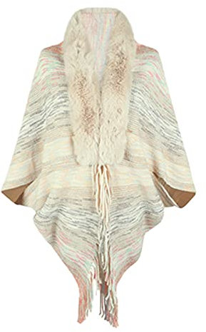 Tartan Schal Damen Wolle Damen Winter Regenbogen Gestreifter Cape Pelzkragen Strickschal mit Fransen DreieckstüCher Damen (Beige, One Size)