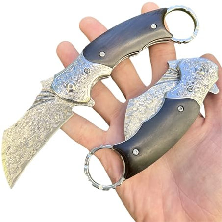 Obespina Couteau Pliant Lame Damas Luxe Étui Poche Damascus Manche Bois d'ébène Collection Cadeau Homme edc forge artisanat camping extérieur fête père
