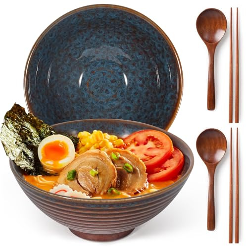LRHAFET 2x1200ml Ramen Schüssel Set Keramik, Pfauenschwanz | mit Essstäbchen und Löffeln, 20cm Durchmesser, Ramen Bowls Set