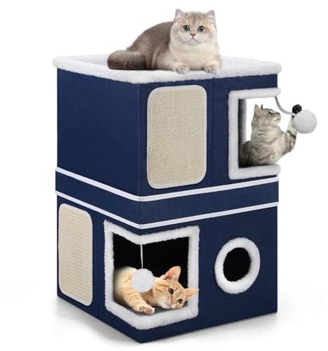 Shikha Casa para gatos de 3 capas, cueva plegable para gatos grandes, 40 x 40 x 63 cm, cubo interior para gatos, divisible en 2 grandes cuevas para gatos con escondite para gatos, cama para gatos con