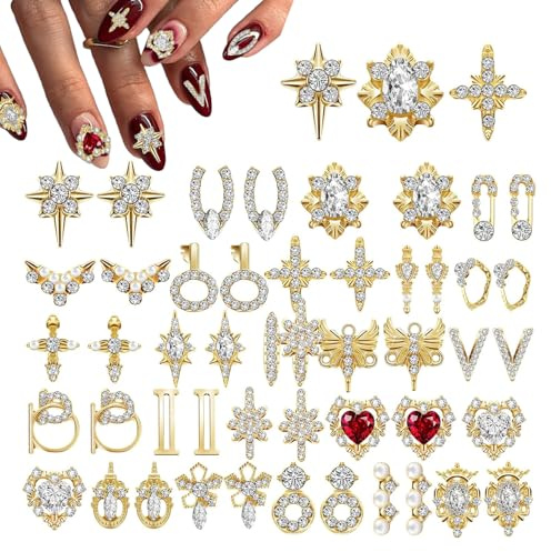 CharmeFleur 48 piezas de Charms Dorados 3D Joyas de Uñas Corazón Brillantes Diamantes de Metal Cristales Adorno Lujo con Caja de Almacenamiento para Mujeres DIY Belleza de Manos, 24 Estilos