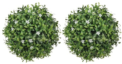 Generico Pianta Artificiale Sfera Topiaria | Palle Bosso Artificiale Con Fiori - 2 Decorazioni Appendiabili UV Resistenti Per Giardino Terrazza Portico Esterno