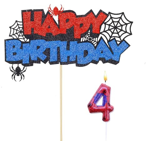Gleevio Happy Birthday Tortendeko 4 Geburtstagskerzen Zahlen 4,Spinne Tortendeko Kerze 4 Geburtstag Junge und Mädchen,Glitzer Spinnennetz Cake Topper 4 Geburtstag,Spinne Happy 4th Birthday Kuchen Deko