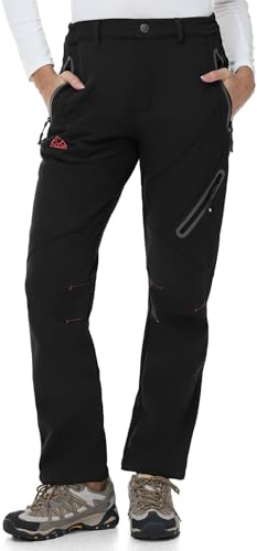 TBMPOY Women's Fleece Lined Ski Snow Pants Waterproof Winter Cargo Hiking Warm Thermal Softshell Insulated Outdoor Pant Full Black L