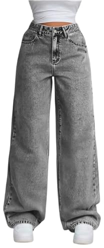 Generisch Jeanshose Damen Wide Leg Hose Baggy Jeans Straight Jeanshosen High Waist Palazzo Hose Weites Bein Stoffhose Hosenanzug Elegant Freizeithosen mit Taschen Light Gray S