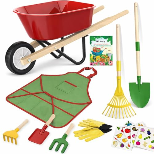 Qtioucp Brouette pour enfants avec outils de jardinage pour garçons et filles de 3 à 8 ans, avec pelle, râteau, râteau à feuilles, cadeaux d'anniversaire de Pâques
