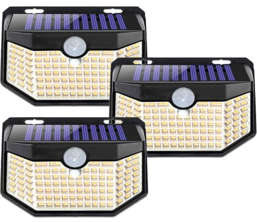 Aootek Lampe Solaire Extérieur Jardin Murale, Lot de 3, 120 LEDs, IP65 | Détecteur de Mouvement 8m, Forme Angulaire, Batterie Lithium, Coque Noire, Lumière Chaude