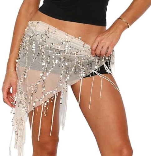 Acrawnni Women Belly Dance Hip Scarf Sequin Tassels Triangle Tribal Wrap Skirt Waist Chain Dancing Scarves Costumes Waist Scarfs (A-Gold, ONE Size)