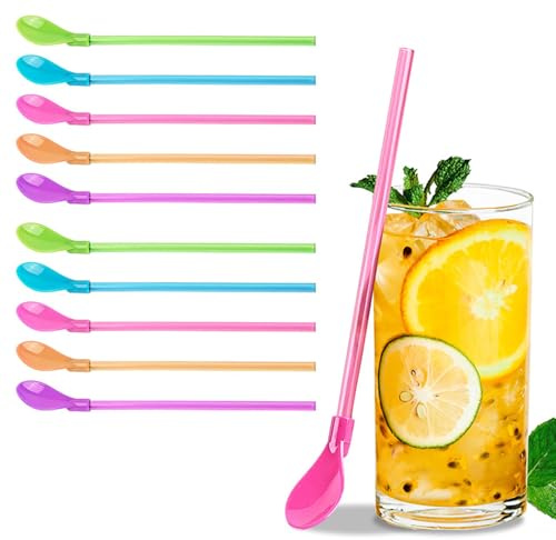 GWEOR 10 Pezzi Cannucce Cucchiaio Riutilizzabili, 23.6 cm Cannucce di Plastica Colorate per Cocktail, Smoothie e Granite, Set di 10 Cannucce Lavabili per Feste di Compleanno e Bambini, 5 Colori
