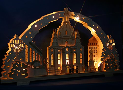 Handwerkskunst aus dem Erzgebirge 3D Schwibbogen Exclusiv schattiert, 72cm, Frauenkirche Dresden mit Kurrende Handarbeit Erzgebirge erzgebirgischer Kerzenhalter, Neu & OVP