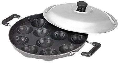 Tanish Trading Appam Patra Paniyaram Non Stick Pan,Takoyaki or Danish Aebleskiver Filled Pancake Pastry Pan, Appam Maker Set Of 1,12 Pits with Lid
