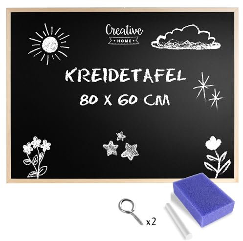 Creative Home 80 x 60 cm Kreidetafel Große Schwarz Blackboard | Tafel Hergestellt in der EU | Schiefertafel Wandtafel Kinder Pinnwand Memoboard Holzrahmen | Schreibtafel für Büro, Schule, Zuhause