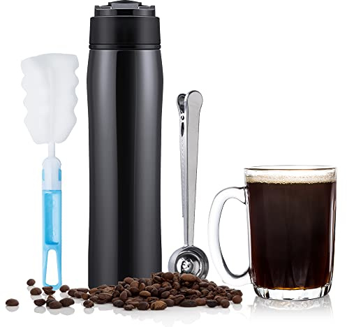 i Cafilas Tragbare French Press Kaffeemaschine, Portable Reise Tee Kaffee Presse Becher Edelstahl Filter Doppelwandig,Auslaufsicher Thermosflasche Trinkflasche Edelstahl für Camping und Reisen