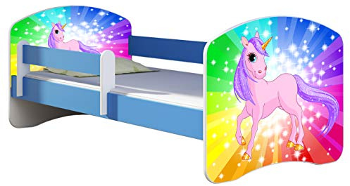 ACMA Kinderbett 140x70 cm Blau mit Matratze & Lattenrost – Jugendbett mit Rausfallschutz, personalisiertes Motiv 18 Pony Regenbogen, stabiles Kinderbett für Kinderzimmer, belastbar bis 120 kg