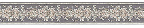 Frise papier peint salon motif baroque | Frise tapisserie grise métallique beige | Frise murale baroque pour chambre adulte