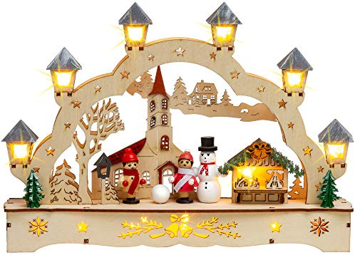 SIKORA LB70s Kleiner Schwibbogen aus Holz beleuchteter LED Lichterbogen Deko Weihnachten Motiv Dorfkirche mit Weihnachtsmarkt Breite 27cm