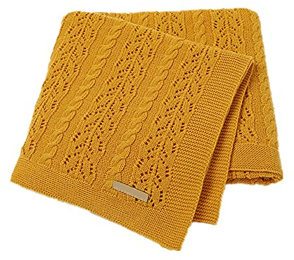 Surwin Strickdecke Babydecke Kuscheldecke Baumwolle, Mädchen und Jungen Babys Gestrickt Kinderdecke Freien Krabbeldecke Perfekt für Kinderwagen Babybett (80x100cm,Gelb)