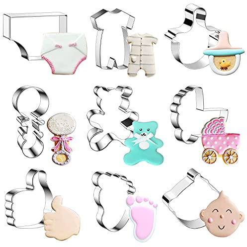 9 Stück Baby Party Plätzchenausstecher Set (Strampler, Lätzchen, Futterflasche, Kinderwagen), Wiederverwendbare Edelstahl Ausstechformen Ausstecher Backen Keks für Kuchen, Schokolade, Sandwich
