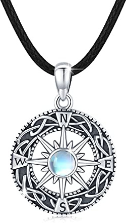 JFASHOP Kompass Kette Damen 925 Sterling Silber Mondstein Kompass Anhänger Halskette Keltische Halskette Herren Mondstein Schmuck Amulett Kette Halloween Thanksgiving für Mädchen Kinder
