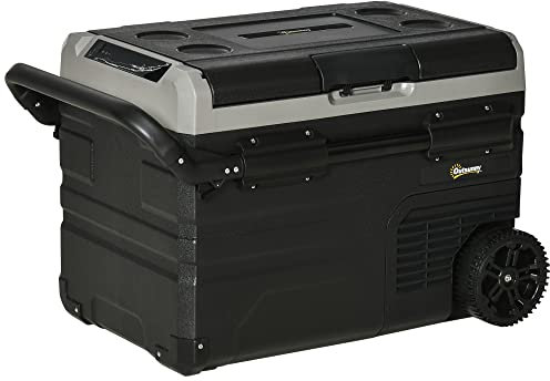 Outsunny Kühlbox Auto 40L mit LED-Beleuchtung Kompressor Autokühlschrank mit Griffe Transportrollen Boot Camper Reisen 12/24V DC und 110-240V AC Grau+Schwarz