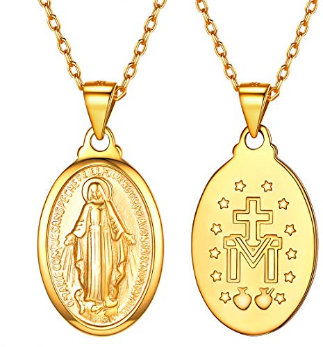 U7 Miraculous Medal Necklace for Women, Virgin Mary Pendant Necklace Gold/Silver, Catholic Religious Jewellery Gift for Her, Our Lady of Graces Double-Sided Oval Medallion