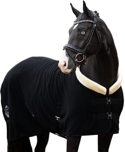 EQUILYX® Abschwitzdecke Pferd mit Teddy-Kragen und abnehmbaren Kreuzgurten [perfekte Passform] Fleecedecke Stalldecke Transportdecke wärmend feuchtigkeitsabsorbierend atmungsaktiv (Schwarz, 155cm)