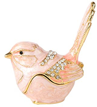 Janshe Cul Pink Little Bird Trinket Boxes Hinged Hand-Painted Enameled Jewelry Box Animals Ornaments Craft Gift for Home Decor