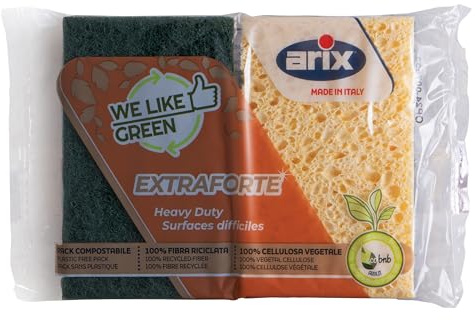 ARIX | Extra Forte Heavy Duty, 2 Spugne in Cellulosa della Linea We Like Green,Spugna Abrasiva, Eco-Friendly, Materiali 100% Riciclati e Riciclabili - Made in italy