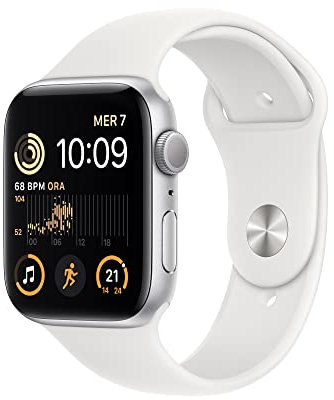 Apple Watch SE de 2.ªgeneración (GPS, 44mm) Reloj Inteligente con Caja de Aluminio en Plata- Correa Deportiva Blanca - Talla única. Monitor de entreno y sueño