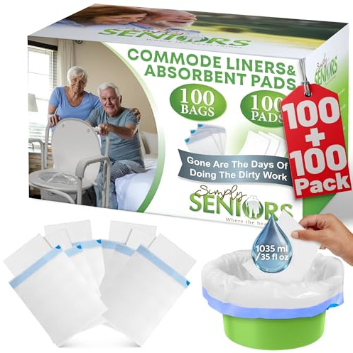 Commode Liners with Absorbent Pads - 100 Bedside Commode Liners & Pads - Portable Toilet Bags for Porta Potty & Camping - No More Days Washing The Bucket of The Commode Chair for Toilet with Arms