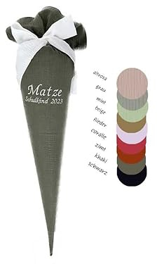 Glückspilz Musselin Schultüte mit Namen personalisiert, nostalgische Zuckertüte aus Stoff genäht, mit Kissen + Rohling, KHAKI