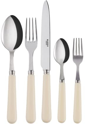 SABRE PARIS – bestickset, 5 delar – pop – kniv, gaffel, matsked, tesked och kakgaffel – rostfritt stål och akryl – diskmaskinssäker – elfenbensfärg