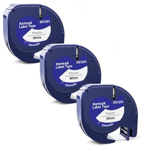 3x XemaX Kompatibel für Dyno Letra 12mm x 4m Etikettenband, Schwarz auf Weiß Schriftband 91201 91221 S0721610 S0721660 Kunststoffschriftband für Dyno Gerät LT-100H 100T XR 200B 2000 XM 80 109xr 10g