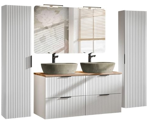 Lomadox Badezimmer Badmöbel Set matt weiß gerillt mit Eiche, 120 cm Doppelwaschtisch mit Keramik-Waschbecken, Spiegel mit LED-Beleuchtung & 2X Hochschrank