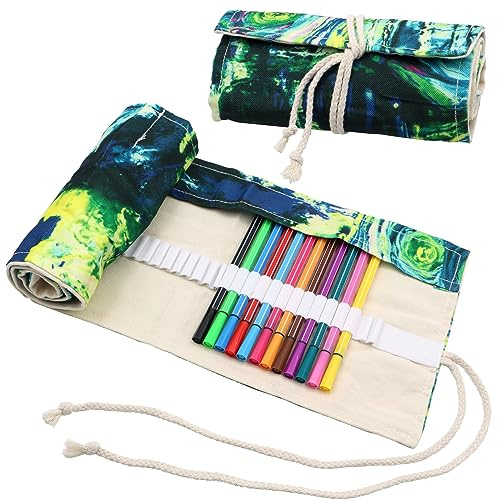 Yeria Trousse à Crayons à 72 Trous，Pencil Case pour Les étudiants Artistes，Trousse Crayon de Couleur Enroulable，Etui Stylo Multifonctionnelle en Toile (Édition Nuit étoilée)