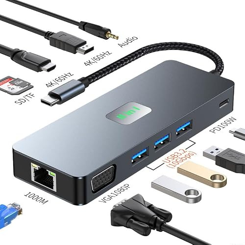 USB C Hub, Docking Station USB-C adapter 11-in-1 multiport mehrfachstecker verteiler für MacBook Pro Air M1, 4K 60Hz HDTV, 3 USB 3.2 10Gbps, VGA, Ethernet Lan, 100WPD, für iPad & weitere Type-C Geräte