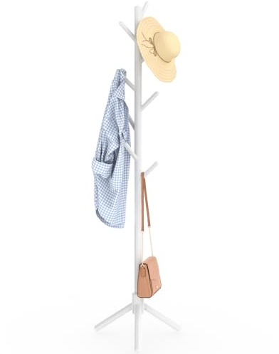 YheenLf Garderobenständer Holz, Kleiderständer Massivholz, Jackenständer für Kleidung, Hüte, Taschen, Eingang, Wohnzimmer, Schlafzimmer, 8 Haken, 3 Verstellbare Höhen, Weiß, 42x180cm